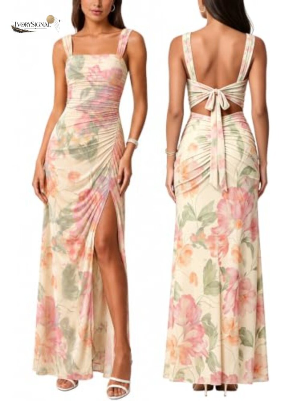 Women Sexy Mesh Tie Low Back Sleeveless Split Ruched Maxi Dress Party Cocktail